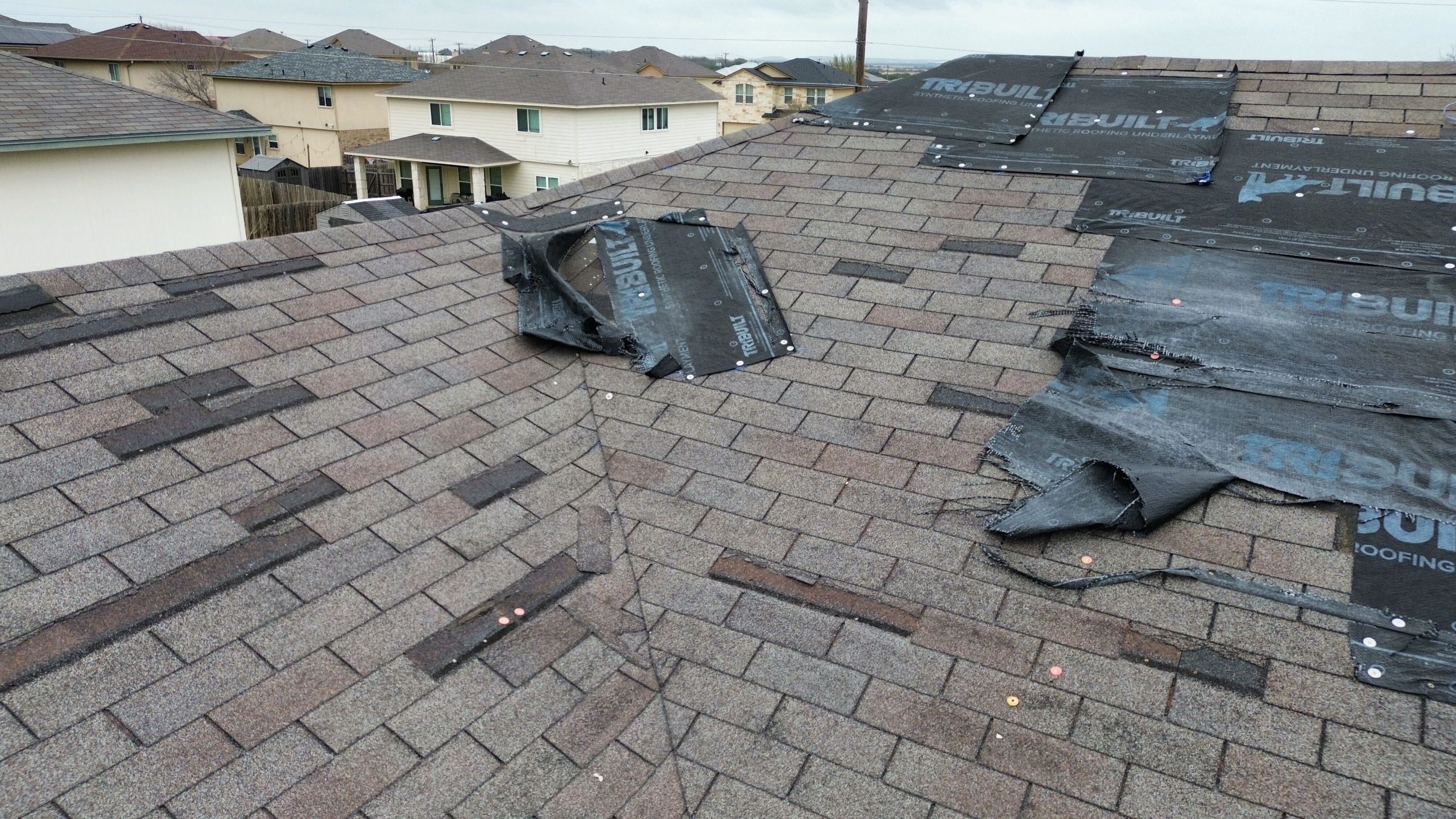 Damaged asphalt shingles showing granule loss and curling on a Central Texas home